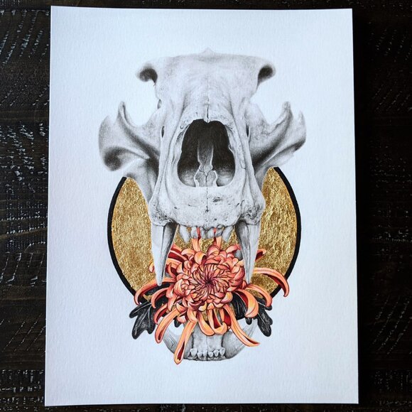 Original Art Print Skull and Chrysanthemum Fine Art Gold Leaf Embellished - Picture 2 of 4